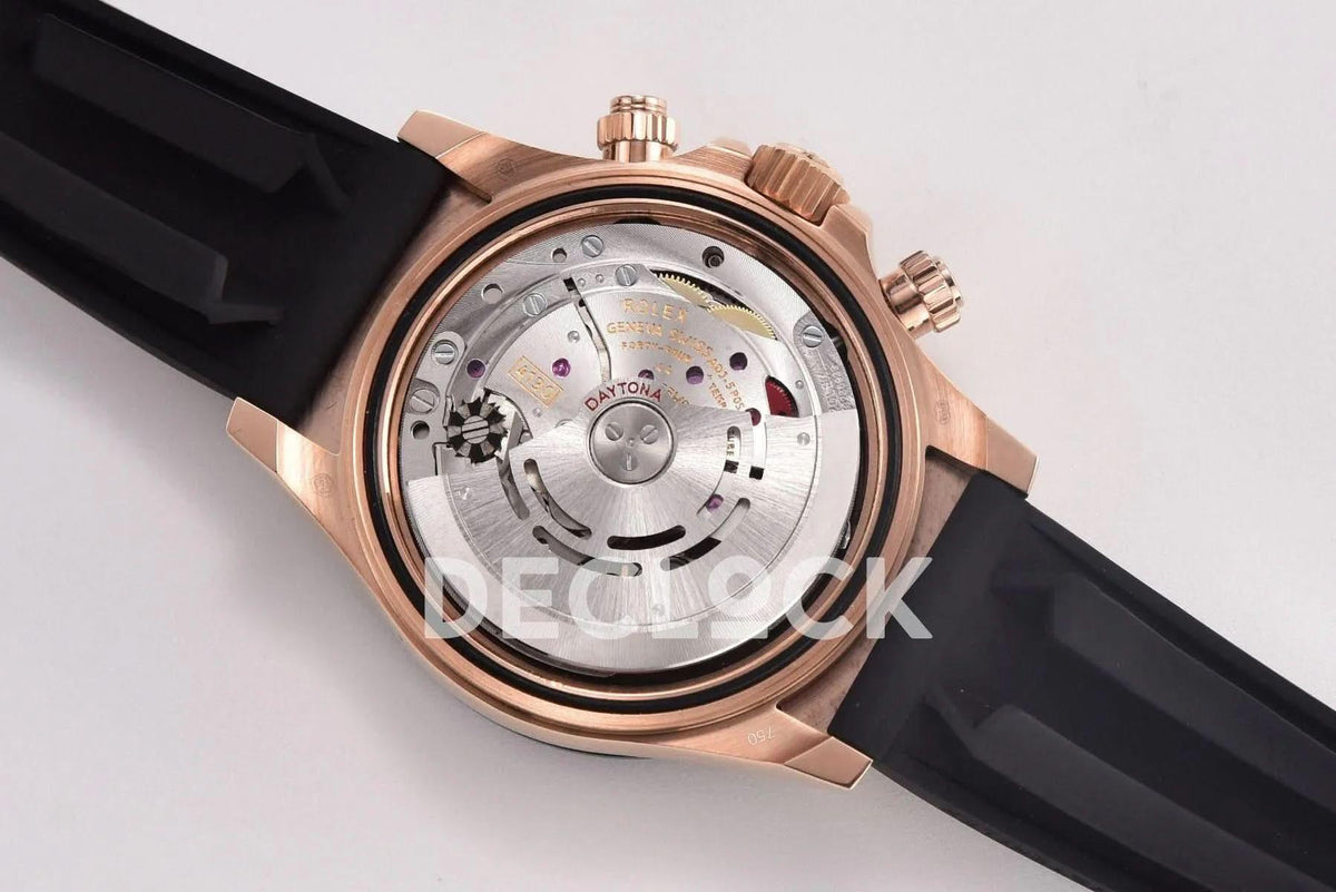 Replica Rolex Daytona 116515 Chocolate Dial in Rose Gold on Rubber Strap |  Declock.