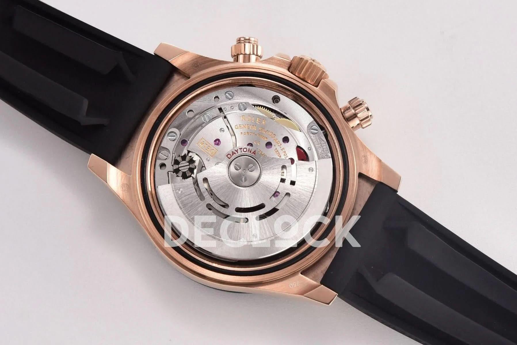 Replica Rolex Daytona 116515 Chocolate Dial in Rose Gold on Rubber Strap |  Declock.