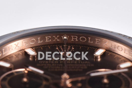 Replica Rolex Daytona 116515 Chocolate Dial in Rose Gold on Rubber Strap |  Declock.
