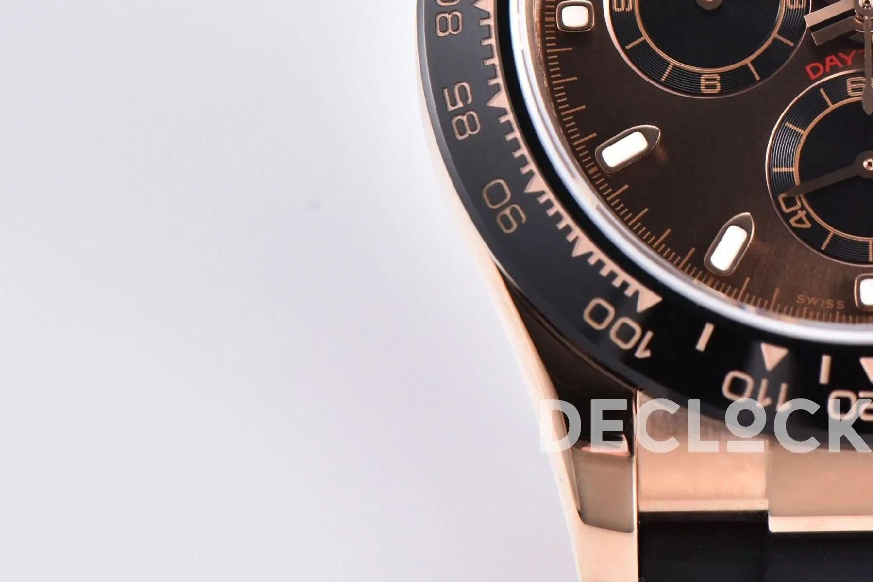 Replica Rolex Daytona 116515 Chocolate Dial in Rose Gold on Rubber Strap |  Declock.