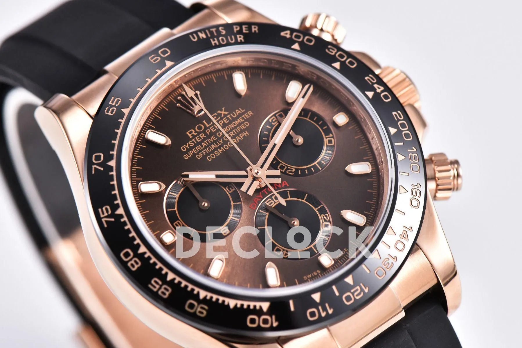 Replica Rolex Daytona 116515 Chocolate Dial in Rose Gold on Rubber Strap