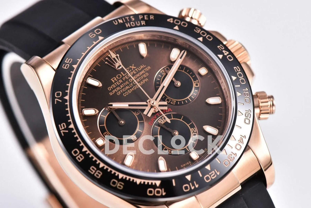 Replica Rolex Daytona 116515 Chocolate Dial in Rose Gold on Rubber Strap |  Declock.