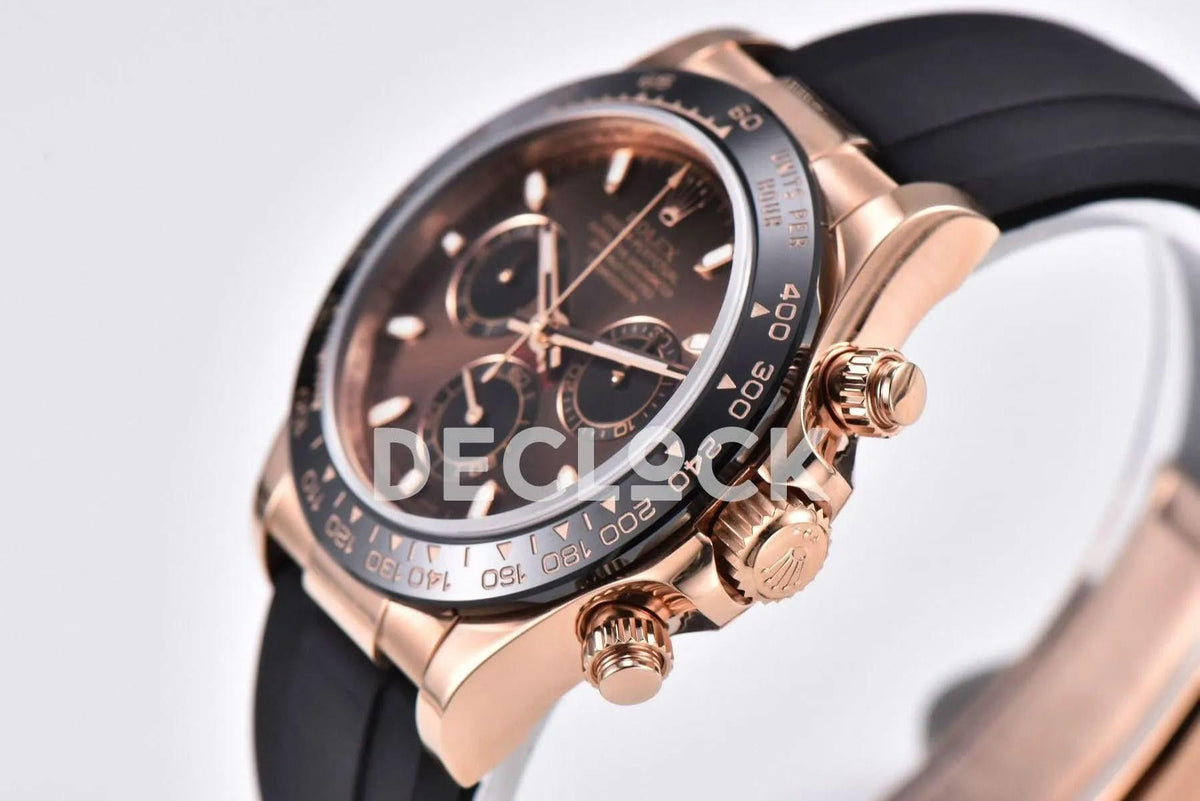 Replica Rolex Daytona 116515 Chocolate Dial in Rose Gold on Rubber Strap |  Declock.