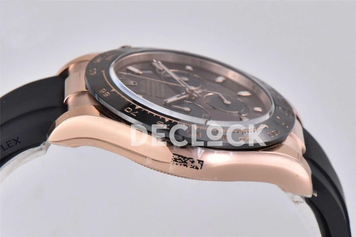 Replica Rolex Daytona 116515 Chocolate Dial in Rose Gold on Rubber Strap |  Declock.