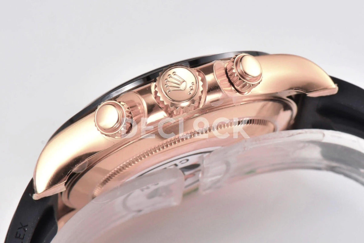 Replica Rolex Daytona 116515 Chocolate Dial in Rose Gold on Rubber Strap |  Declock.
