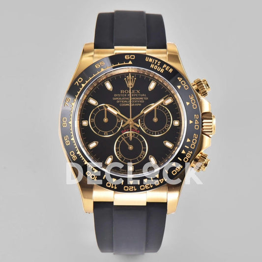 Replica Rolex Daytona 116518LN Black Dial in Yellow Gold on Rubber Strap | Declock.