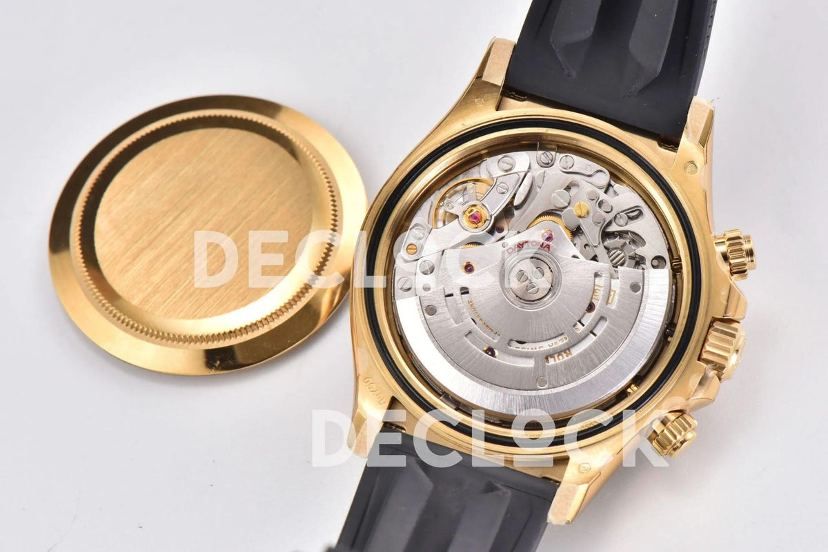 Replica Rolex Daytona 116518LN Black/Champagne Index “Newman” Dial in Yellow Gold on Rubber Strap |  Declock.