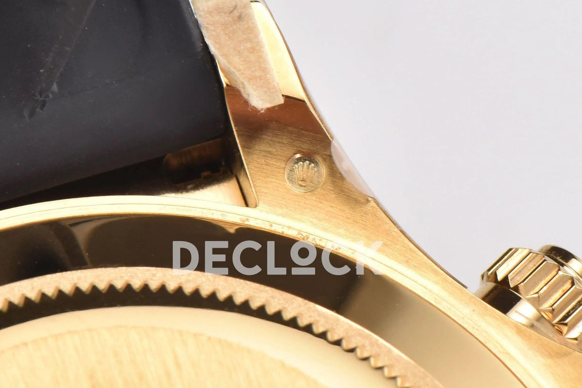 Replica Rolex Daytona 116518LN Black/Champagne Index “Newman” Dial in Yellow Gold on Rubber Strap |  Declock.