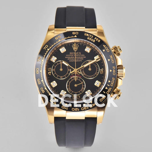 Replica Rolex Daytona 116518LN Black Dial in Yellow Gold on Rubber Strap | Declock.