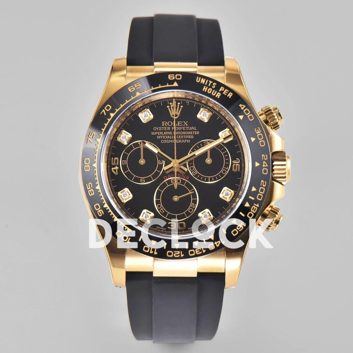 Replica Rolex Daytona 116518LN Black Dial in Yellow Gold on Rubber Strap |  Declock.