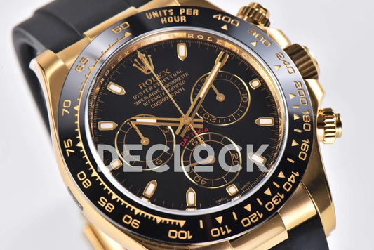 Replica Rolex Daytona 116518LN Black Dial in Yellow Gold on Rubber Strap | Declock.