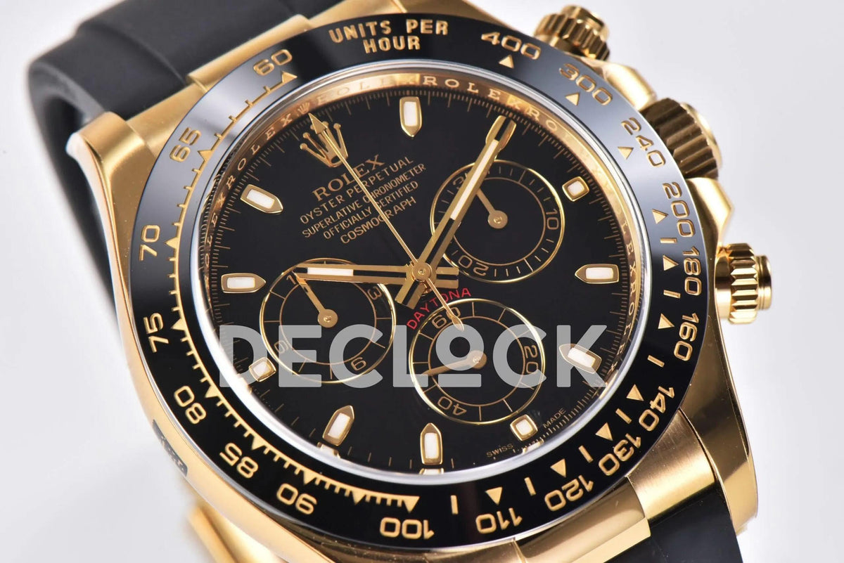 Replica Rolex Daytona 116518LN Black Dial in Yellow Gold on Rubber Strap |  Declock.