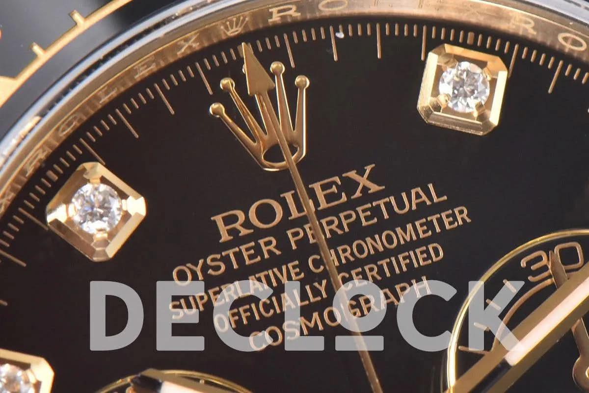Replica Rolex Daytona 116518LN Black Dial in Yellow Gold on Rubber Strap |  Declock.