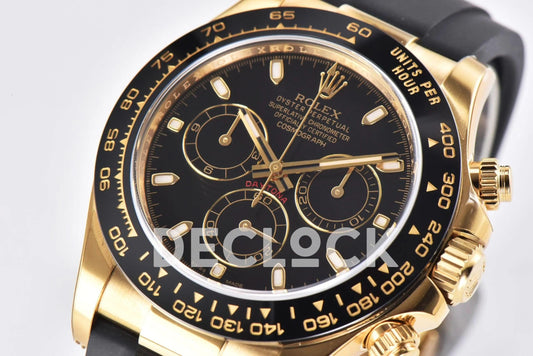 Replica Rolex Daytona 116518LN Black Dial in Yellow Gold on Rubber Strap | Declock.