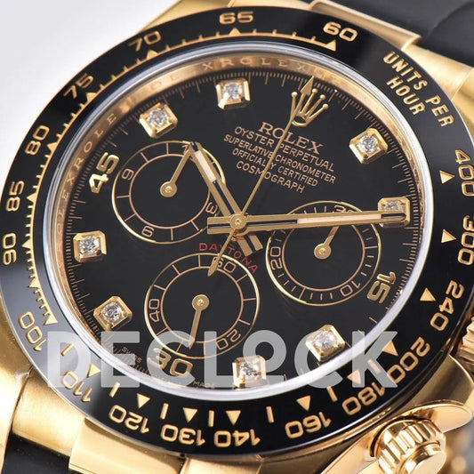 Replica Rolex Daytona 116518LN Black Dial in Yellow Gold on Rubber Strap | Declock.