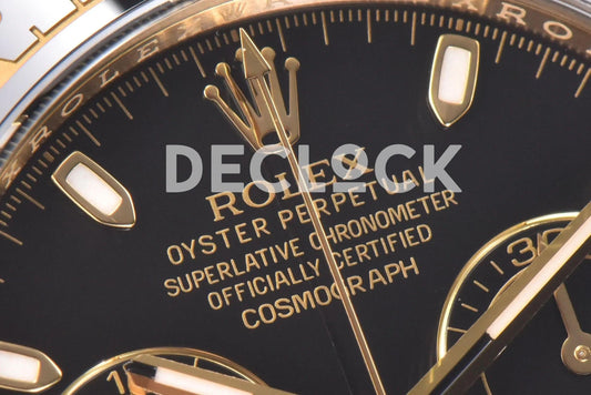 Replica Rolex Daytona 116518LN Black Dial in Yellow Gold on Rubber Strap | Declock.