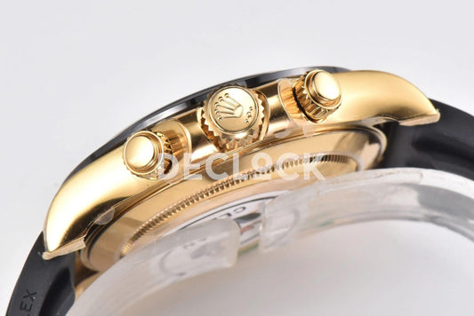 Replica Rolex Daytona 116518LN Black/Champagne Index “Newman” Dial in Yellow Gold on Rubber Strap | Declock.