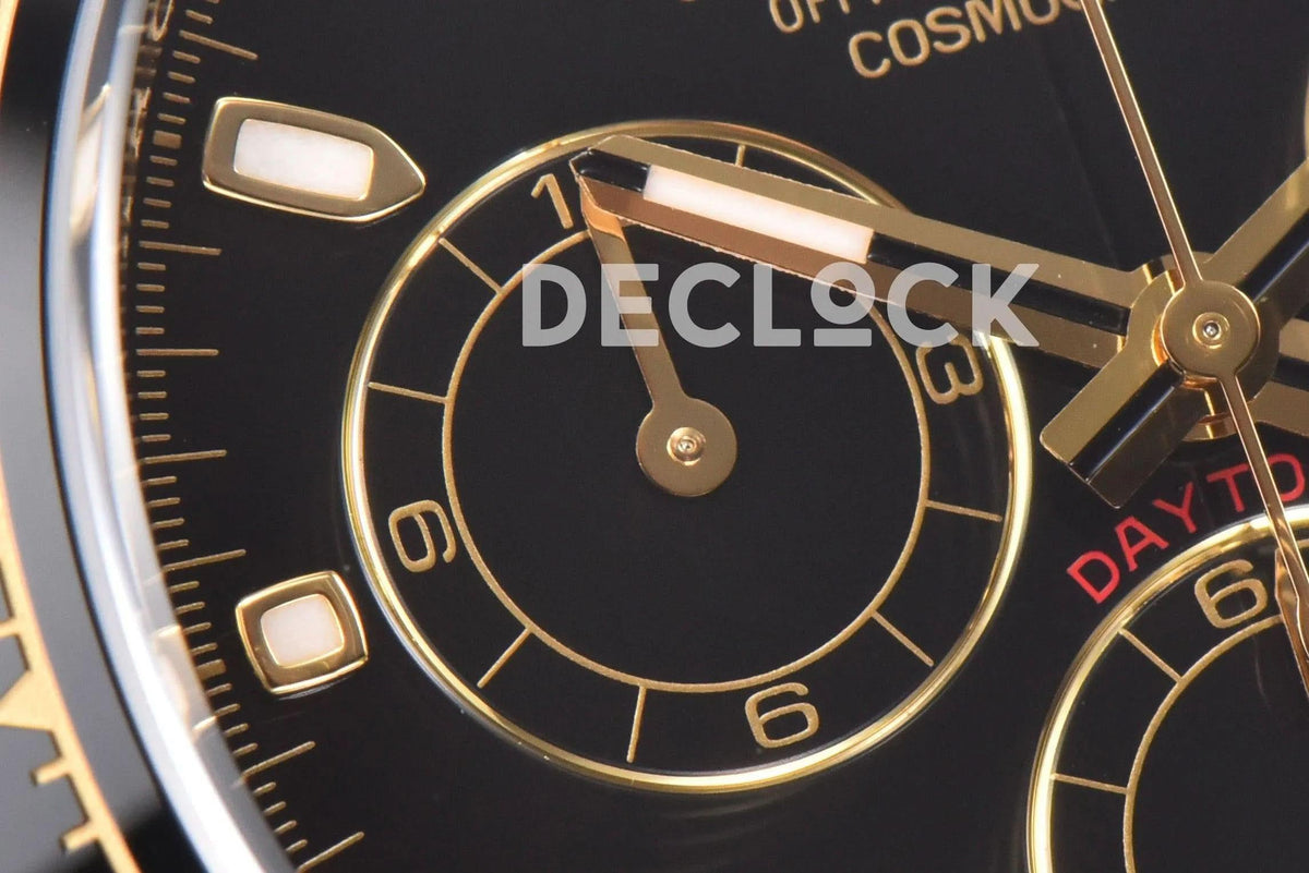 Replica Rolex Daytona 116518LN Black Dial in Yellow Gold on Rubber Strap |  Declock.