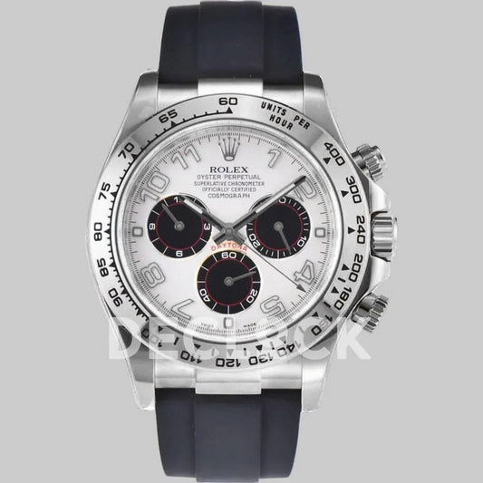 Replica Rolex Daytona 116519 White Dial in White Gold on Rubber Strap | Declock.