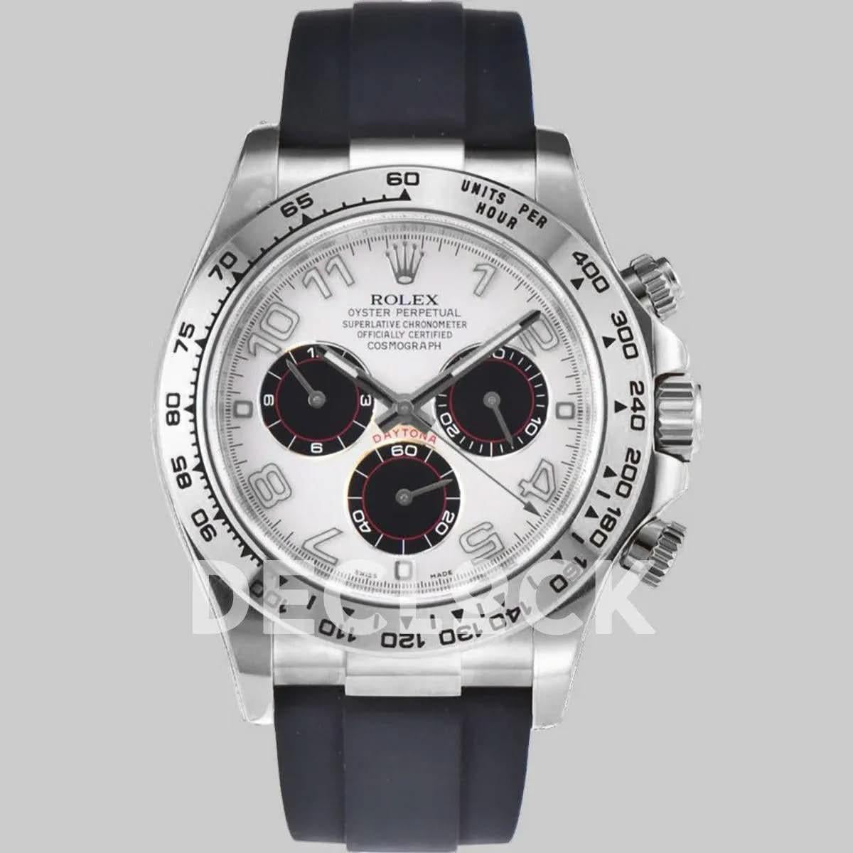Replica Rolex Daytona 116519 White Dial in White Gold on Rubber Strap |  Declock.