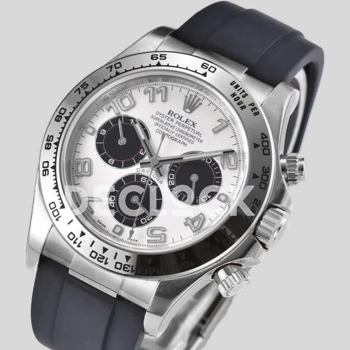 Replica Rolex Daytona 116519 White Dial in White Gold on Rubber Strap |  Declock.
