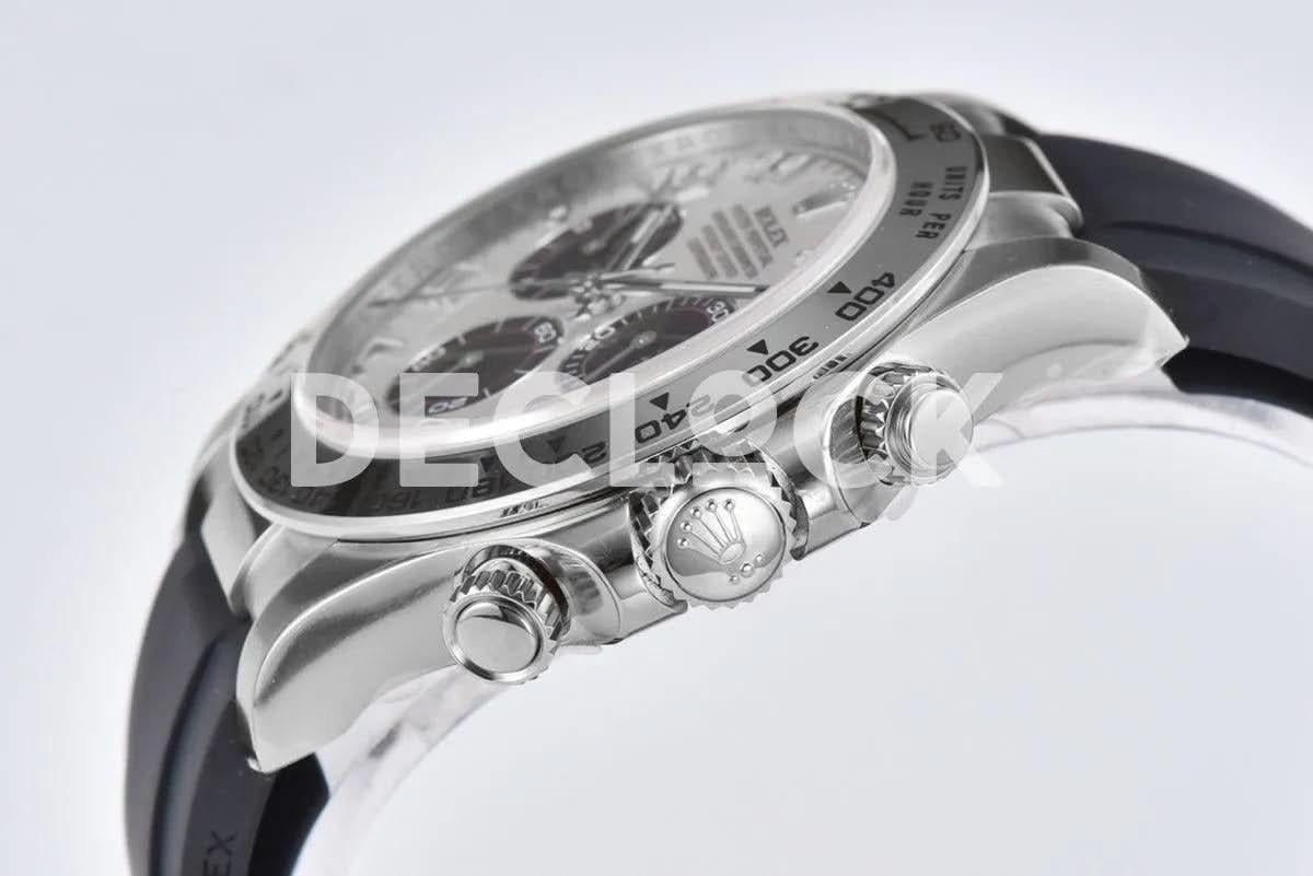 Replica Rolex Daytona 116519 White Dial in White Gold on Rubber Strap |  Declock.