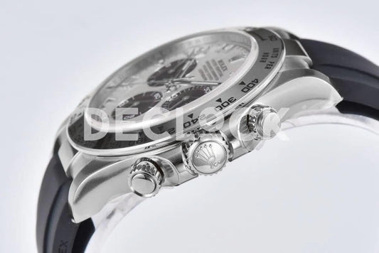 Replica Rolex Daytona 116519 White Dial in White Gold on Rubber Strap |  Declock.