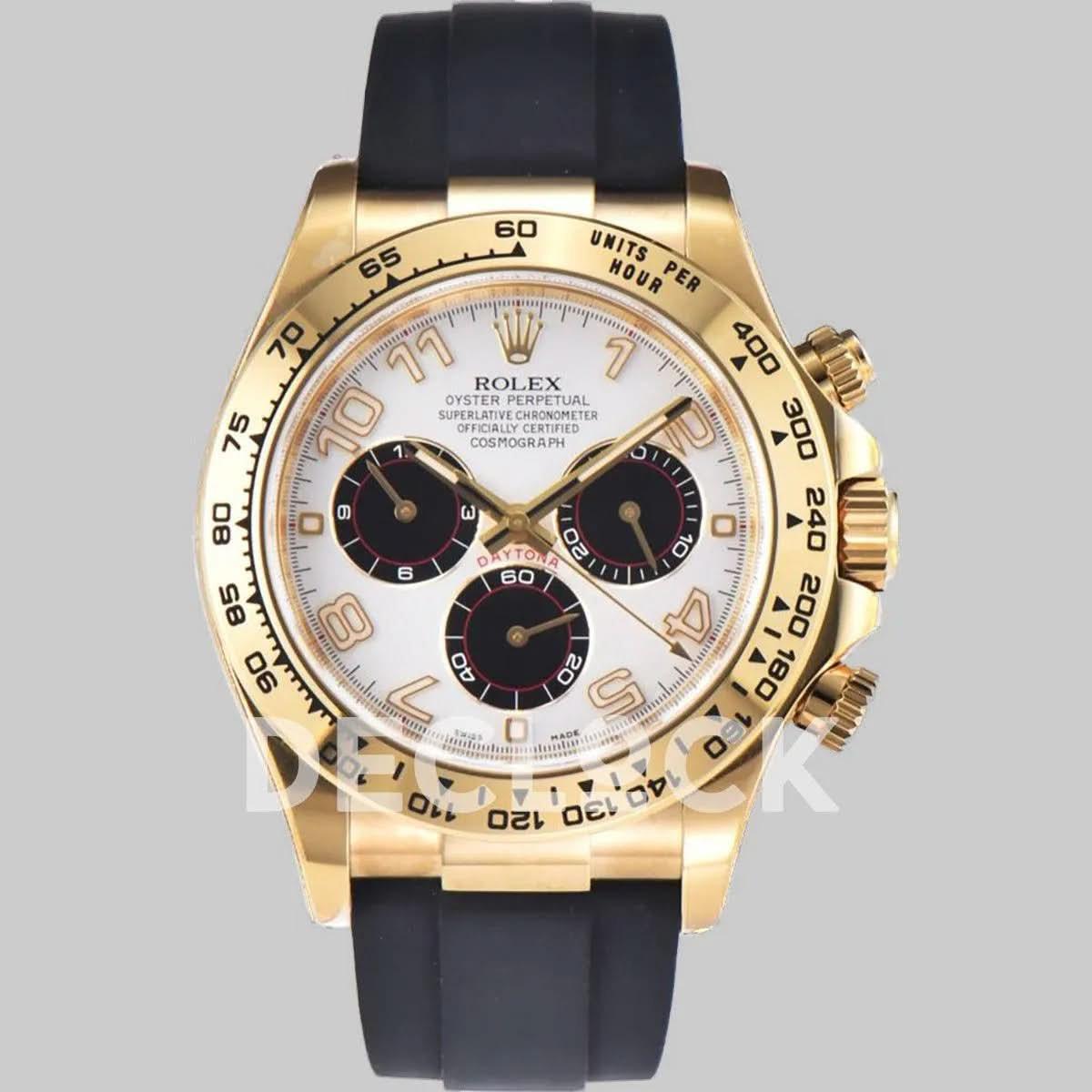 Replica Rolex Daytona 116519 White Dial in Yellow Gold on Rubber Strap |  Declock.