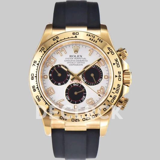 Replica Rolex Daytona 116519 White Dial in Yellow Gold on Rubber Strap | Declock.