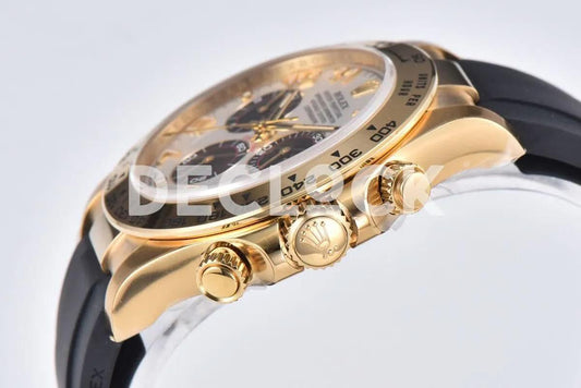 Replica Rolex Daytona 116519 White Dial in Yellow Gold on Rubber Strap |  Declock.