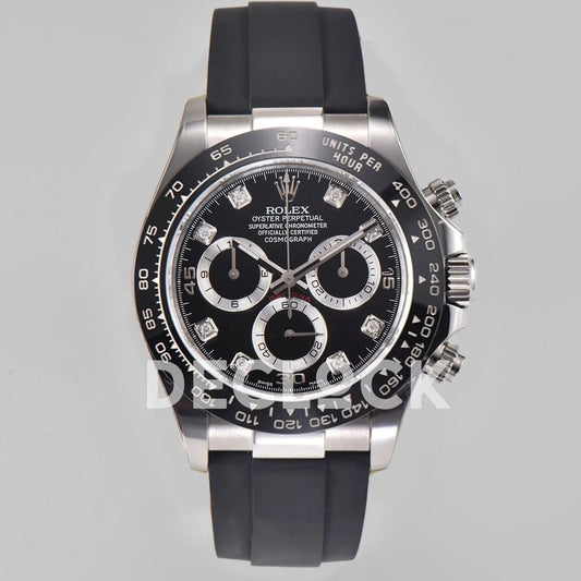 Replica Rolex Daytona 116519LN Black Dial in White Gold on Rubber Strap | Declock.