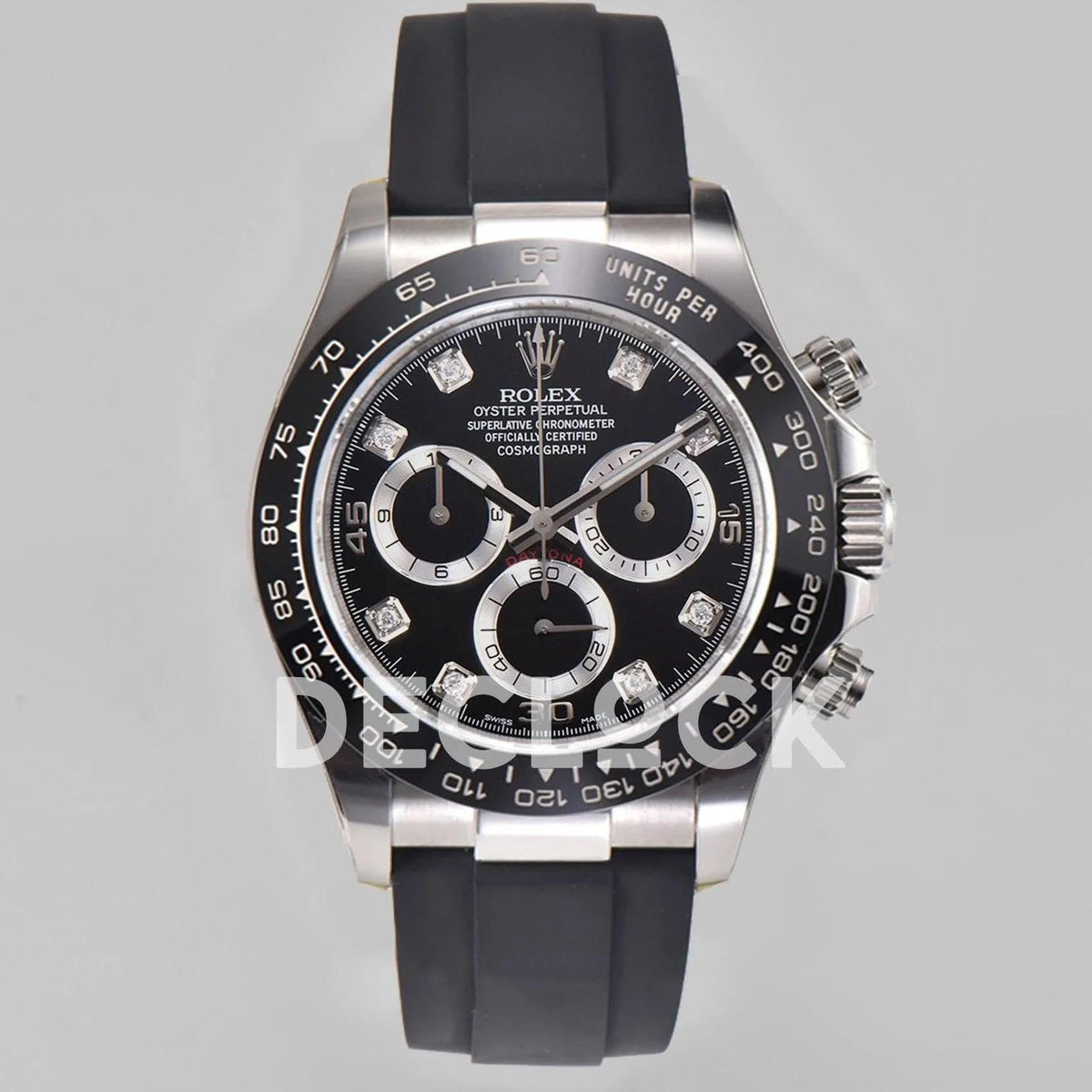 Replica Rolex Daytona 116519LN Black Dial in White Gold on Rubber Strap |  Declock.