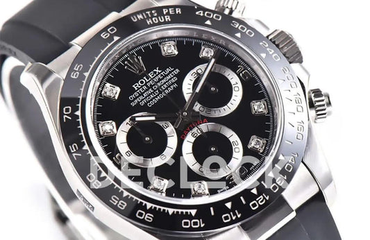 Replica Rolex Daytona 116519LN Black Dial in White Gold on Rubber Strap | Declock.