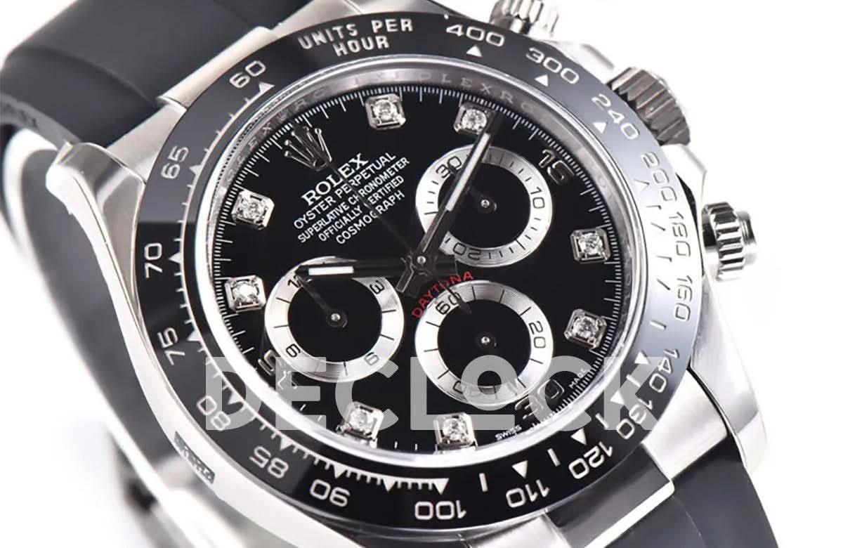 Replica Rolex Daytona 116519LN Black Dial in White Gold on Rubber Strap |  Declock.