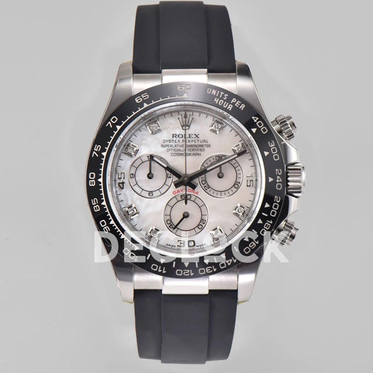 Replica Rolex Daytona 116519LN White MOP Dial in White Gold on Rubber Strap |  Declock.