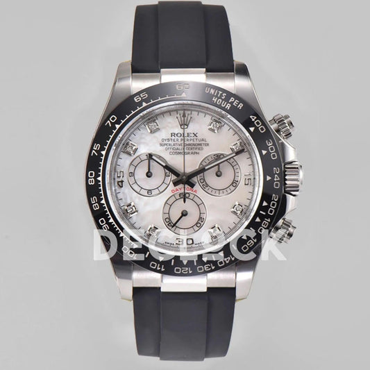 Replica Rolex Daytona 116519LN White MOP Dial in White Gold on Rubber Strap |  Declock.