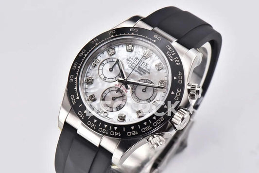 Replica Rolex Daytona 116519LN White MOP Dial in White Gold on Rubber Strap | Declock.