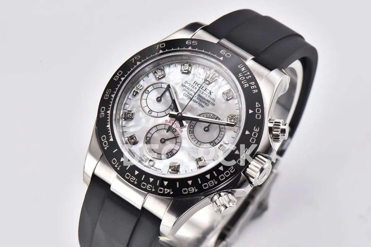 Replica Rolex Daytona 116519LN White MOP Dial in White Gold on Rubber Strap |  Declock.