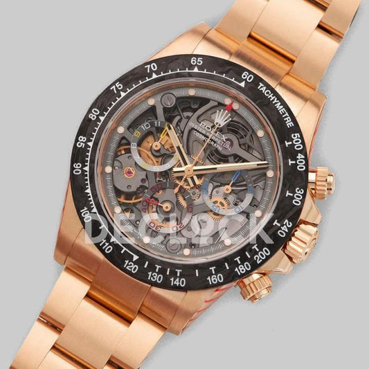 Replica Rolex Daytona 116520 Skeleton La Montoya in Rose Gold | Declock.