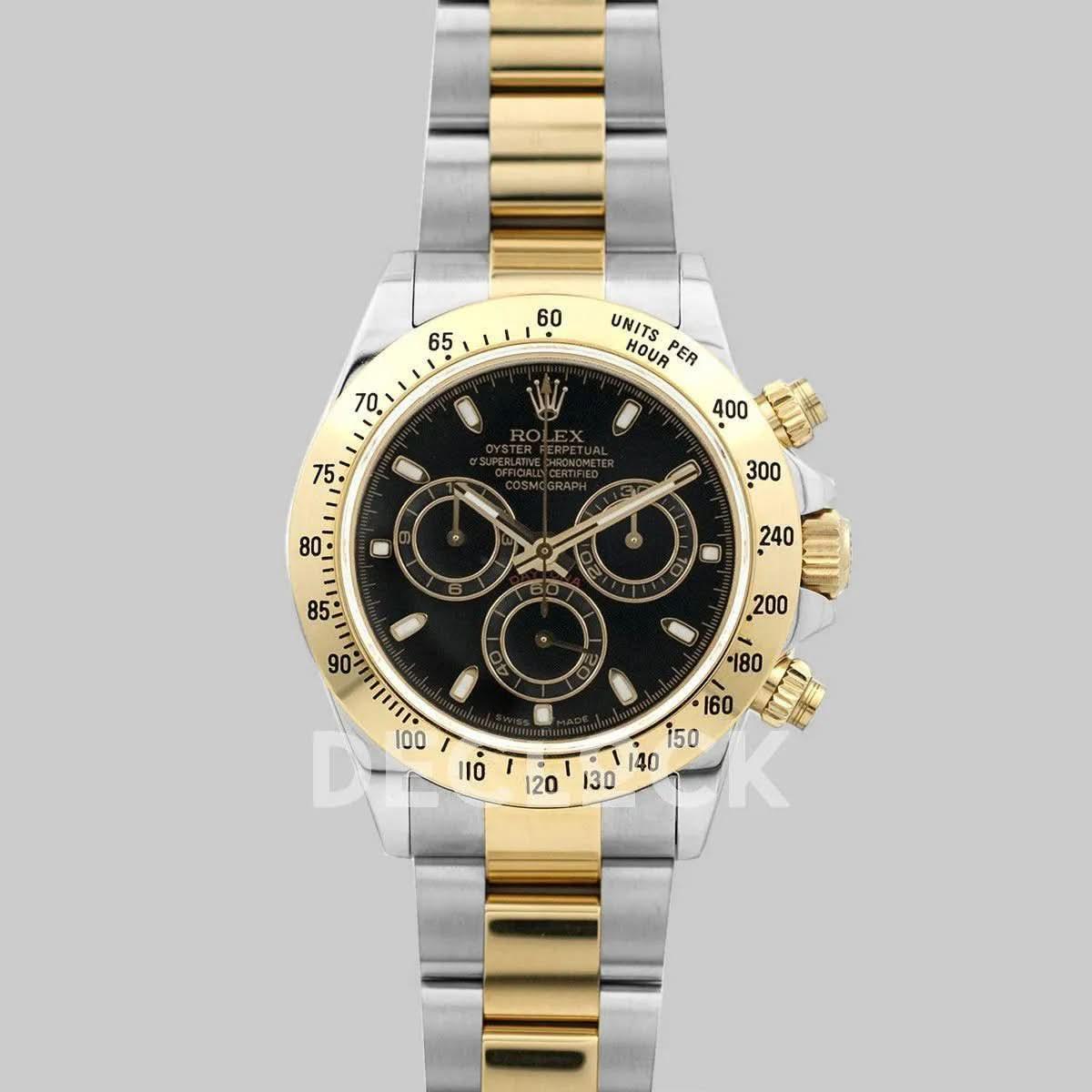 Replica Rolex Daytona 116523 Black Dial with Two Tone Bracelet |  Declock.