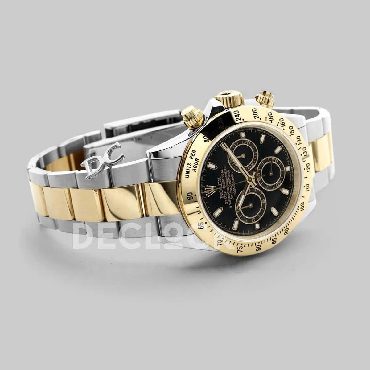 Replica Rolex Daytona 116523 Black Dial with Two Tone Bracelet |  Declock.