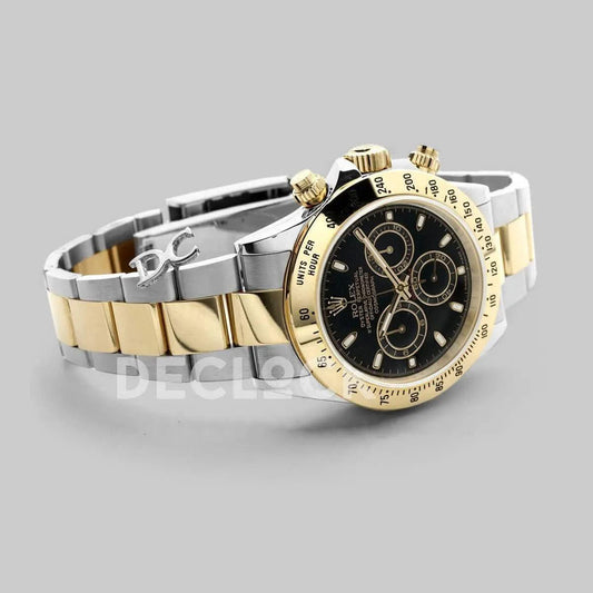 Replica Rolex Daytona 116523 Black Dial with Two Tone Bracelet |  Declock.