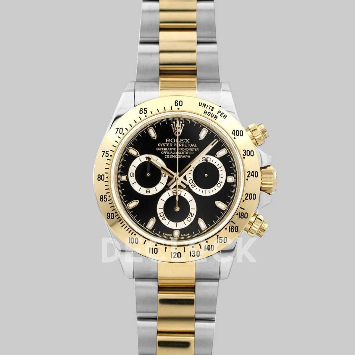 Replica Rolex Daytona 116528 Black Dial with Two Tone Bracelet |  Declock.
