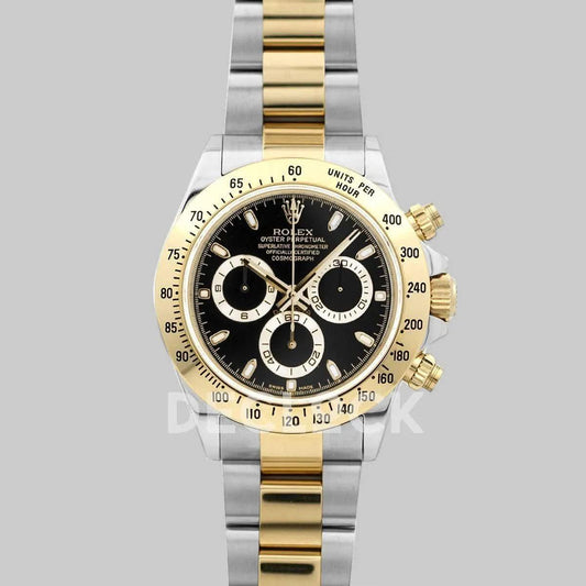 Replica Rolex Daytona 116528 Black Dial with Two Tone Bracelet | Declock.