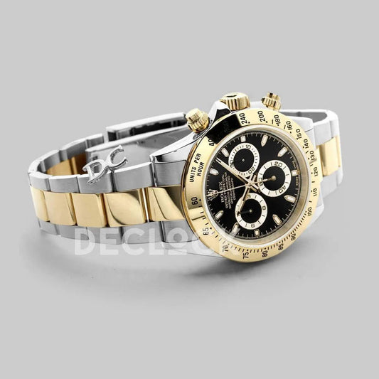 Replica Rolex Daytona 116528 Black Dial with Two Tone Bracelet |  Declock.
