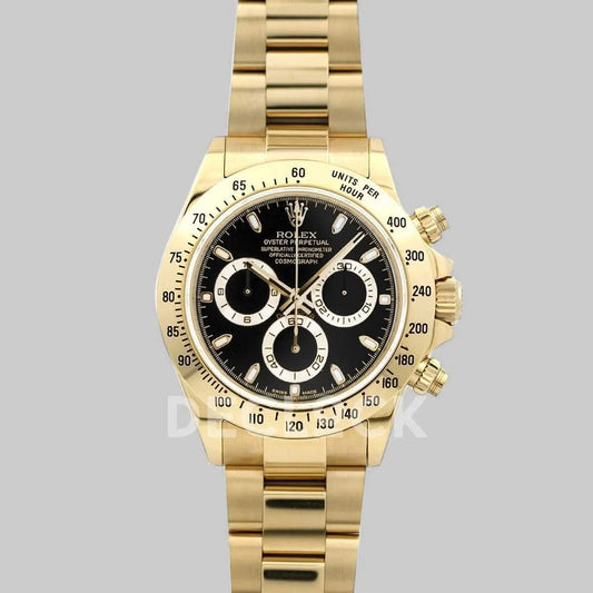 Replica Rolex Daytona 116528 Black Dial with Yellow Gold Bracelet | Declock.