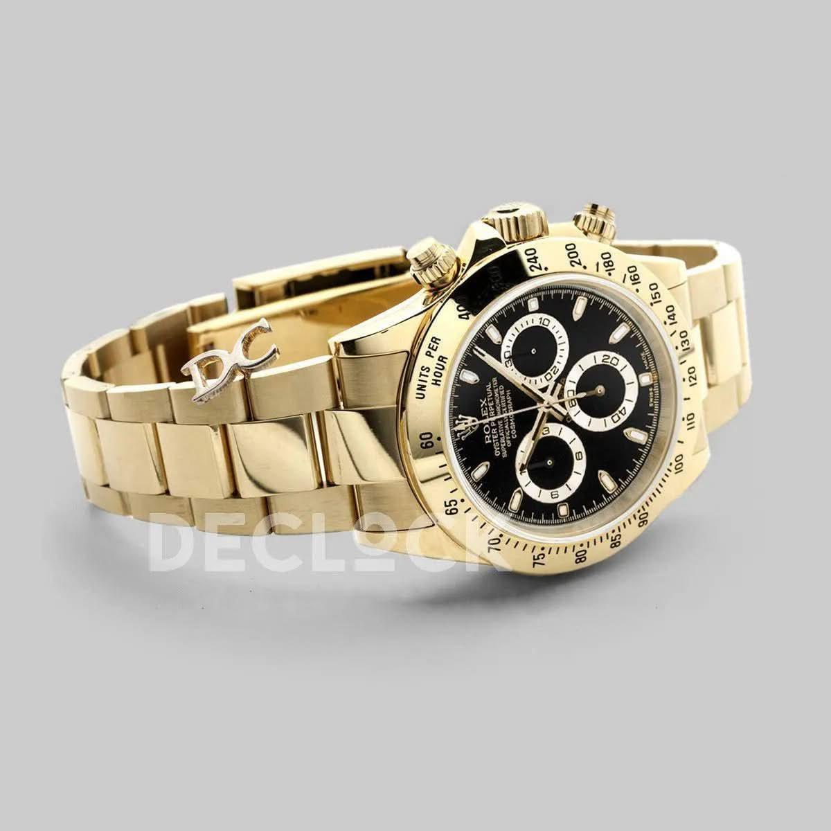 Replica Rolex Daytona 116528 Black Dial with Yellow Gold Bracelet |  Declock.