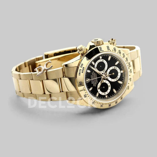 Replica Rolex Daytona 116528 Black Dial with Yellow Gold Bracelet | Declock.