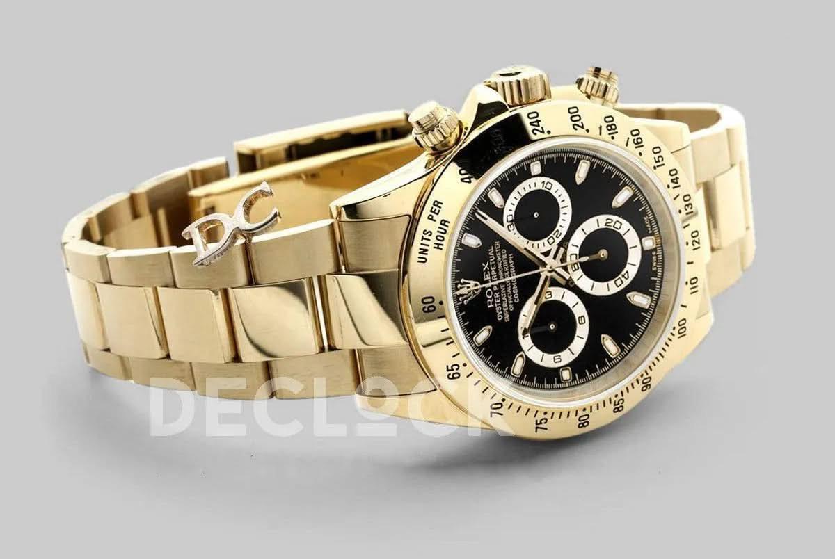 Replica Rolex Daytona 116528 Black Dial with Yellow Gold Bracelet |  Declock.