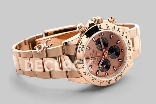 Replica Rolex Daytona 116528 Pink /Black Dial with Rose Gold Bracelet | Declock.